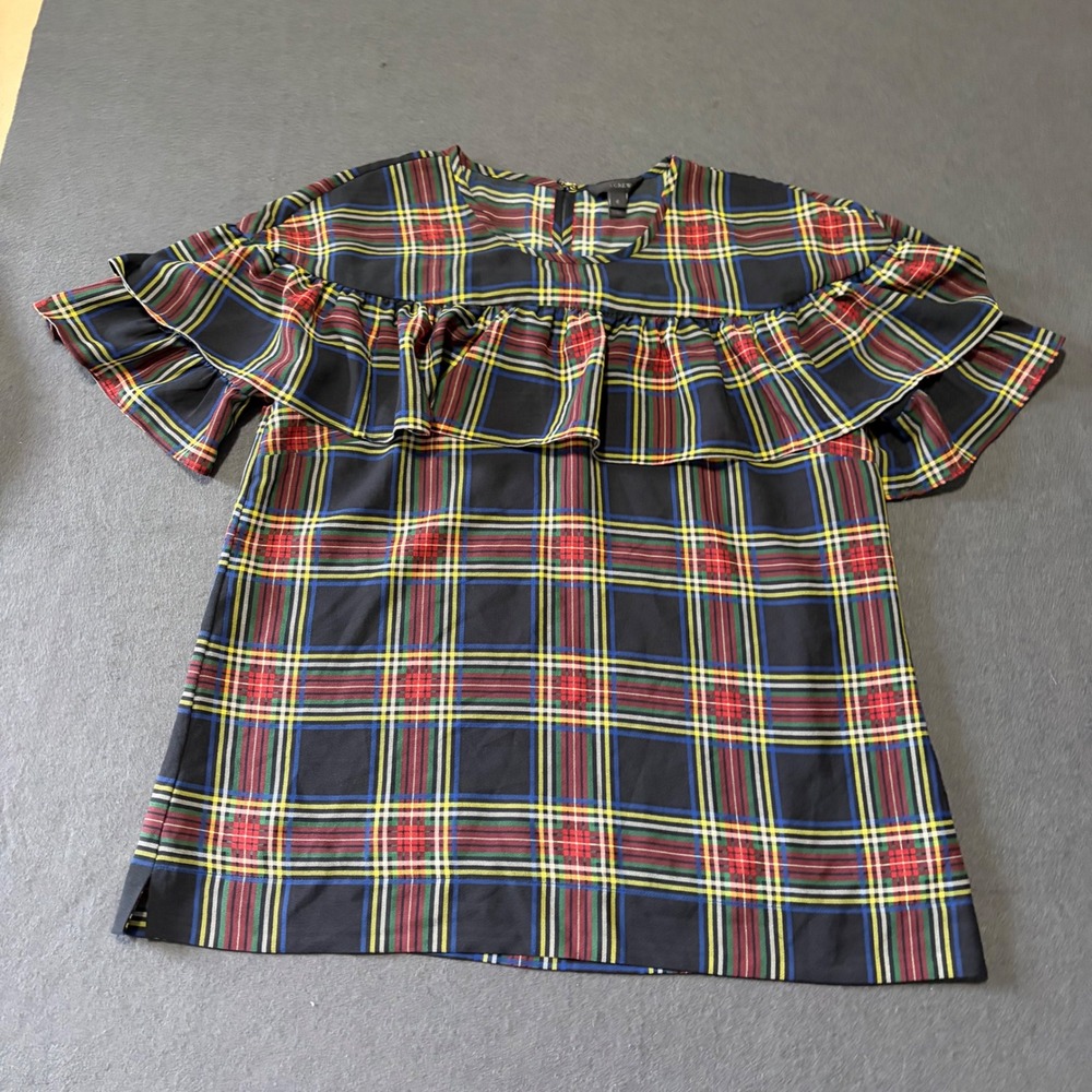 J.Crew Ruffle Top Women 6 Multicolor Plaid Blouse Holiday Red Black Preppy Core